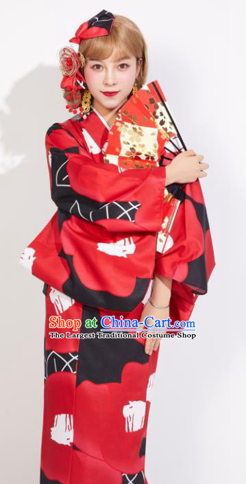 Japanese Classical Printing Red Yukata Dress Asian Japan Traditional Costume Geisha Furisode Kimono for Women