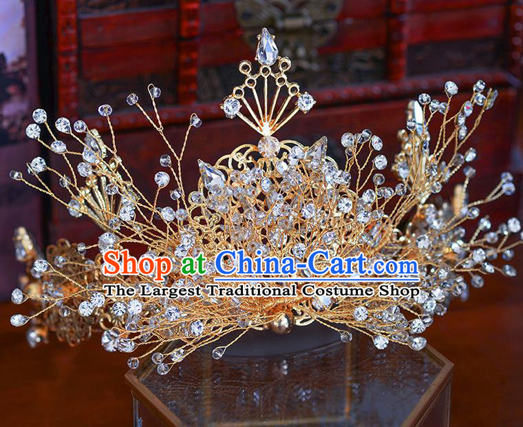 Handmade Baroque Bride Beads Royal Crown European Queen Wedding Hair Accessories for Women