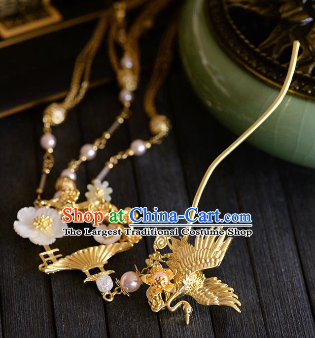 Traditional Chinese Ancient Bride Golden Crane Tassel Hairpins Handmade Wedding Hair Accessories for Women