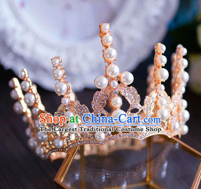 Handmade Baroque Queen Golden Round Royal Crown European Wedding Hair Accessories for Women