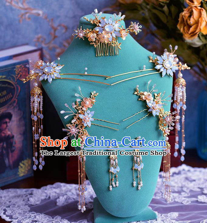 Traditional Chinese Ancient Bride Hairpins Tassel Opal Hair Clasp Handmade Wedding Hair Accessories for Women