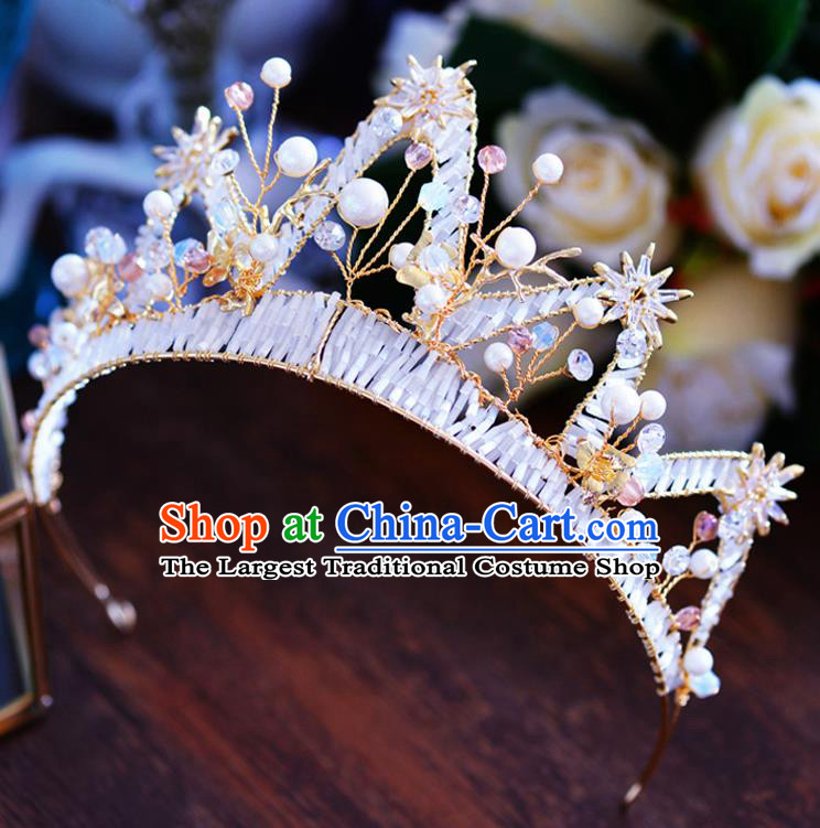 Handmade Baroque Bride Golden Beads Royal Crown European Queen Wedding Hair Accessories for Women