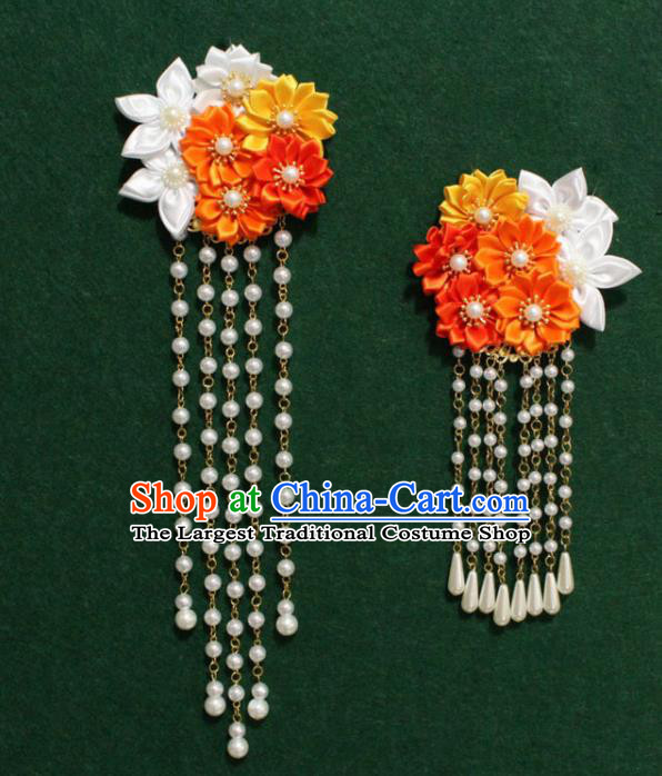 Traditional Chinese Ancient Tang Dynasty Palace Flowers Hair Claw Beads Tassel Hairpins Handmade Wedding Hair Accessories for Women