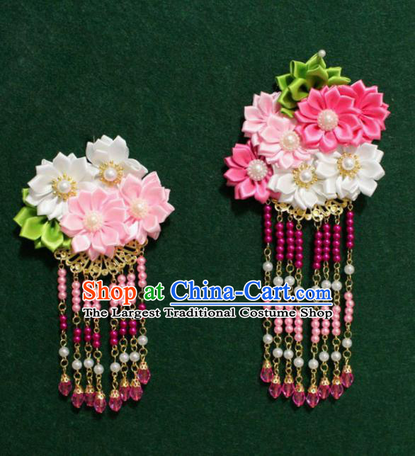 Traditional Chinese Ancient Tang Dynasty Palace Flowers Hair Claw Rosy Tassel Hairpins Handmade Wedding Hair Accessories for Women