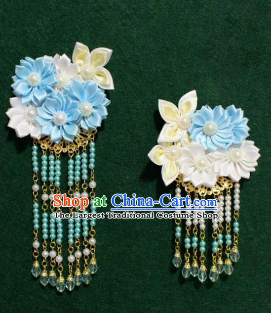 Traditional Chinese Ancient Tang Dynasty Palace Blue Flowers Hair Claw Tassel Hairpins Handmade Wedding Hair Accessories for Women