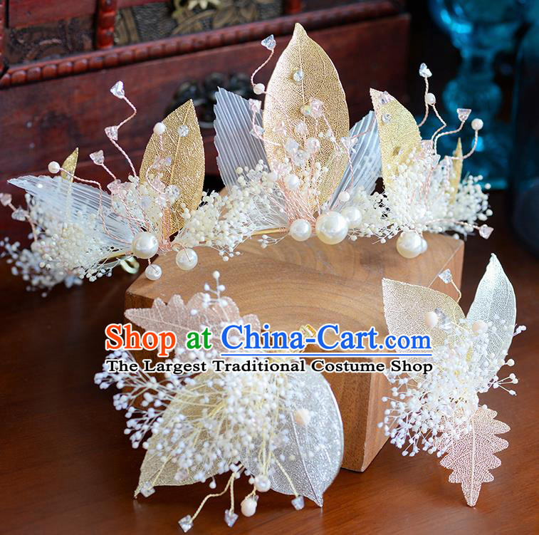Handmade Baroque Bride Golden Leaf Royal Crown European Queen Wedding Hair Accessories for Women