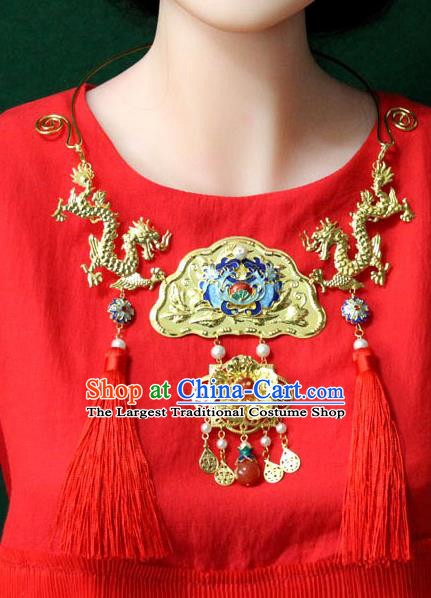 Traditional Chinese Ancient Palace Hanfu Golden Dragons Cloisonne Necklace Handmade Wedding Jewelry Accessories for Women