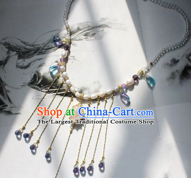 Handmade Chinese Ancient Palace Pearls Tassel Necklace Traditional Hanfu Wedding Jewelry Accessories for Women
