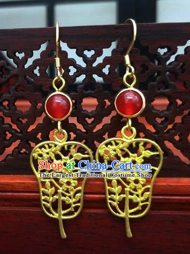 Traditional Chinese Ancient Wedding Hanfu Golden Fan Earrings Handmade Jewelry Accessories for Women