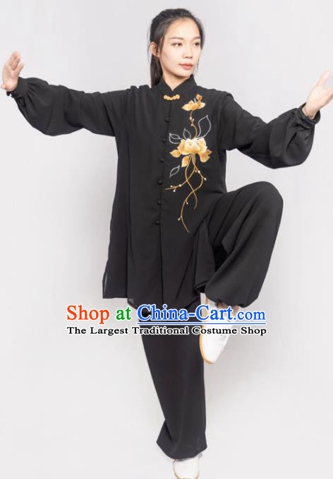 Traditional Chinese Martial Arts Embroidered Lotus Black Costume Professional Tai Chi Competition Kung Fu Uniform for Women