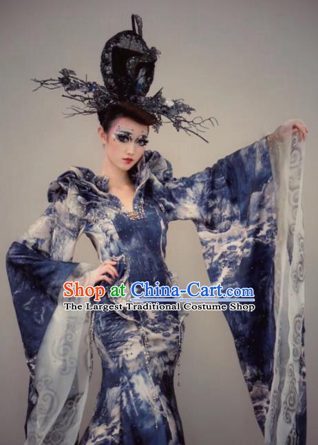Traditional Chinese Fancy Ball Costume Stage Show Modern Fancywork Blue Dress for Women