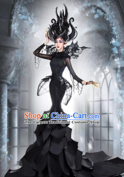 Handmade Halloween Fancy Ball Costume Stage Show Modern Fancywork Cosplay Queen Black Full Dress for Women