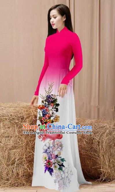 Vietnam Traditional National Costume Printing Flamingo Flowers Rosy Ao Dai Dress Asian Vietnamese Cheongsam for Women