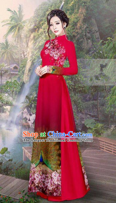Vietnam Traditional Court Costume Printing Peacock Red Ao Dai Dress Asian Vietnamese Cheongsam for Women