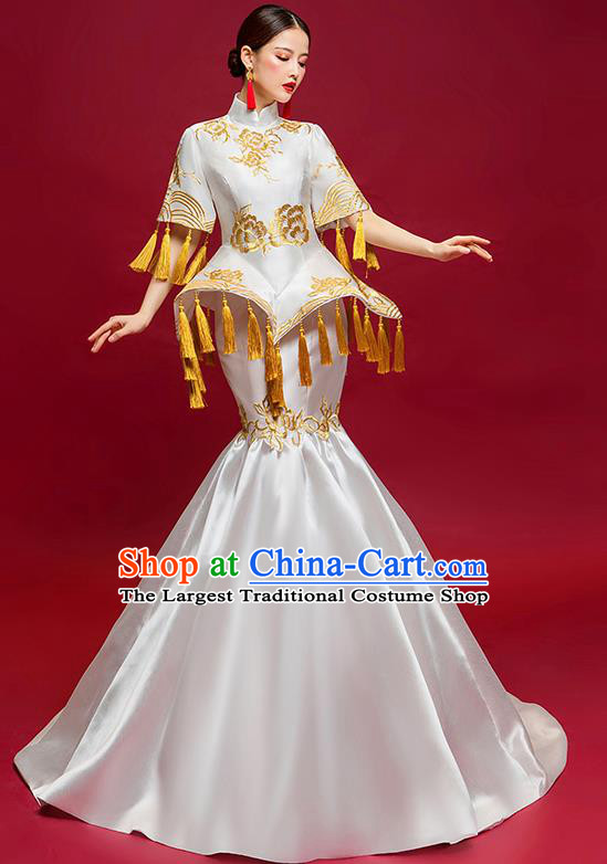 Chinese National Catwalks Embroidered Peony Full Dress Traditional Compere Cheongsam for Women
