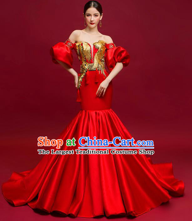 Chinese National Catwalks Costume Red Trailing Cheongsam Traditional Tang Suit Qipao Dress for Women