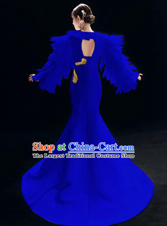 Top Grade Catwalks Embroidered Royalblue Trailing Full Dress Modern Dance Party Compere Costume for Women
