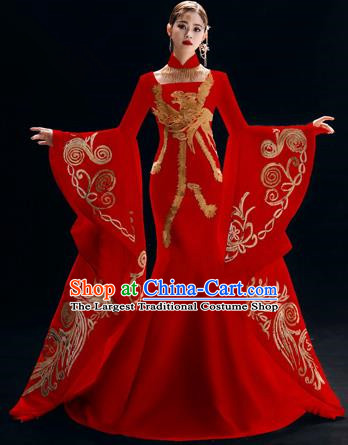 Chinese National Catwalks Embroidered Red Trailing Cheongsam Traditional Costume Tang Suit Qipao Dress for Women
