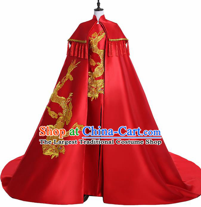 Chinese National Catwalks Costume Embroidered Dragon Trailing Cheongsam Traditional Tang Suit Red Qipao Dress for Women