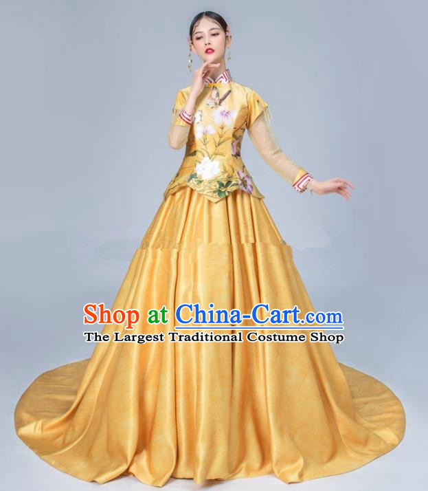 Chinese National Catwalks Printing Golden Trailing Cheongsam Traditional Costume Tang Suit Qipao Dress for Women