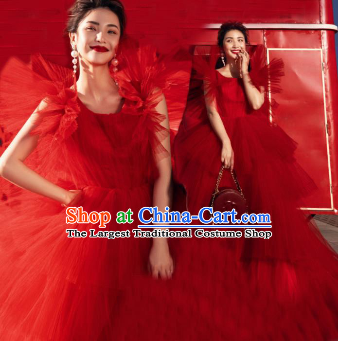 Top Grade Catwalks Compere Red Veil Full Dress Modern Dance Party Costume for Women