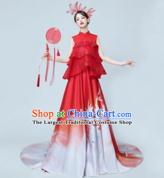 Chinese National Catwalks Printing Red Trailing Cheongsam Traditional Costume Tang Suit Silk Qipao Dress for Women