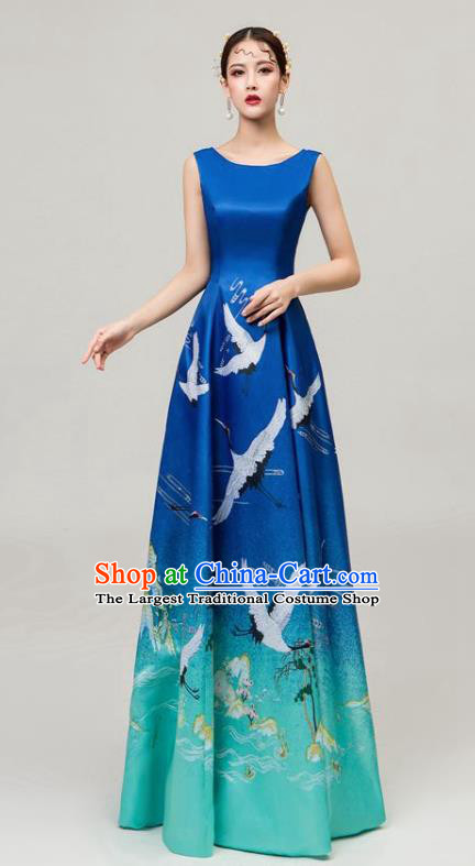 Chinese National Catwalks Printing Cranes Blue Cheongsam Traditional Costume Tang Suit Qipao Dress for Women