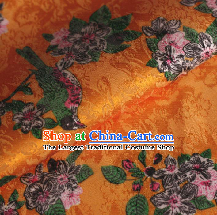 Chinese Classical Bird Flowers Pattern Design Golden Brocade Satin Cheongsam Silk Fabric Chinese Traditional Satin Fabric Material