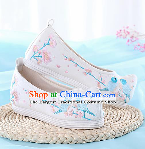 Chinese Traditional Hanfu Shoes White Embroidered Birds Shoes Handmade Ancient Princess Shoes for Women