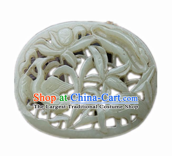 Handmade Chinese Carving Crane Lotus Jade Pendant Traditional Jade Craft Jewelry Accessories