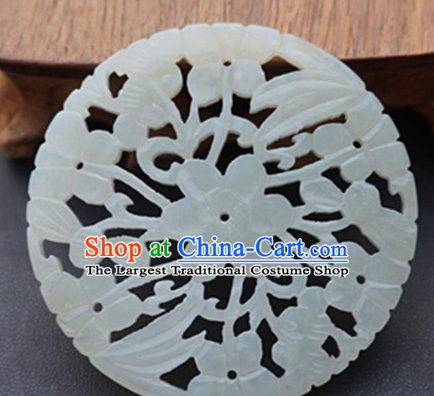 Handmade Chinese Jade Carving Flowers Round Pendant Traditional Jade Craft Jewelry Accessories