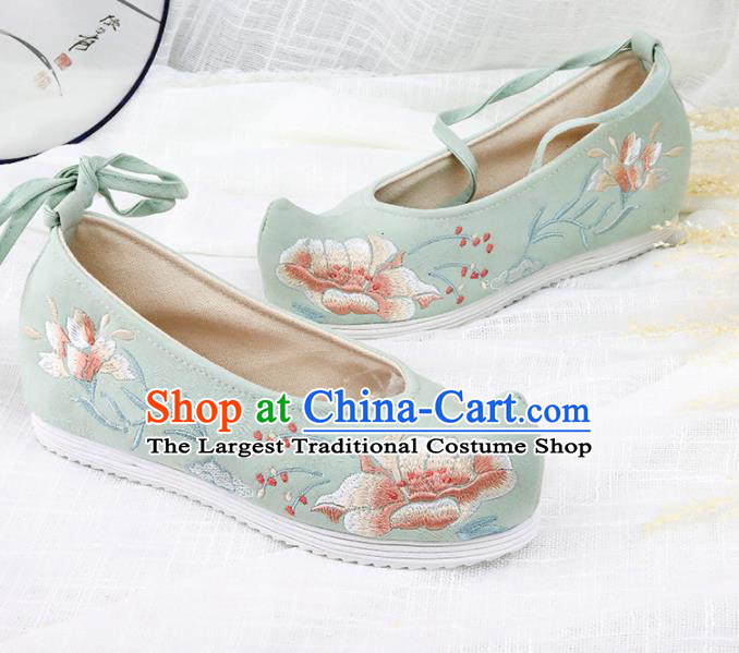 Chinese Traditional Embroidered Peony Green Shoes Hanfu Cloth Shoes Handmade Ancient Princess Shoes for Women