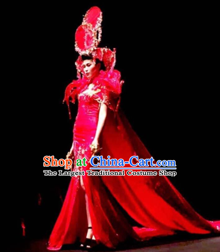 Traditional Chinese Catwalks Costume Stage Show Modern Fancywork Red Trailing Dress for Women