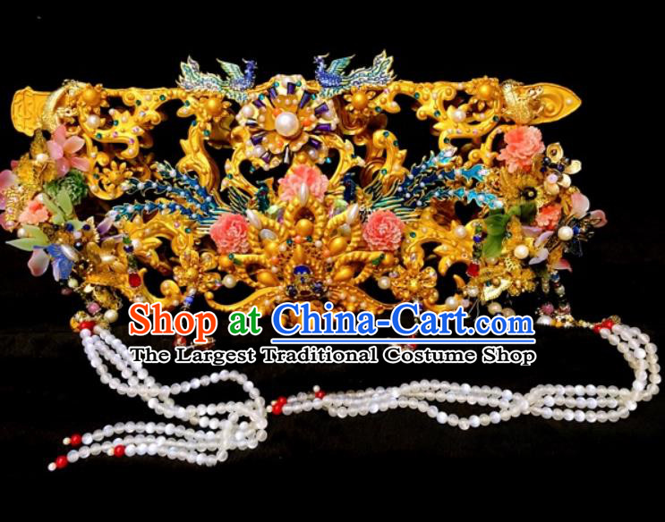 Chinese Traditional Stage Show Qing Dynasty Phoenix Coronet Deluxe Hair Accessories Handmade Cosplay Queen Hat Headwear for Women