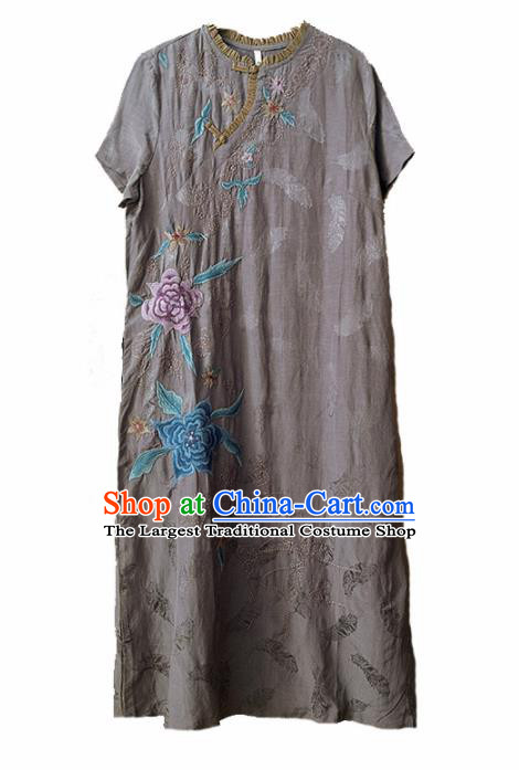 Traditional Chinese National Costume Tang Suit Embroidered Grey Cheongsam Qipao Dress for Women