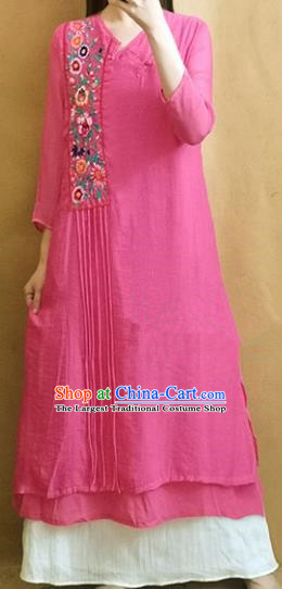 Traditional Chinese Embroidered Rosy Linen Cheongsam Tang Suit Qipao Dress National Costume for Women