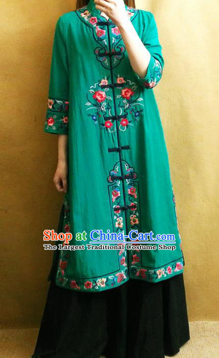 Traditional Chinese Embroidered Flowers Green Long Coat Tang Suit Outer Garment National Costume for Women