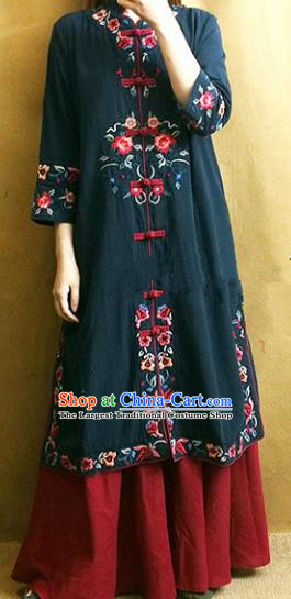 Traditional Chinese Embroidered Flowers Navy Coat Tang Suit Outer Garment National Costume for Women