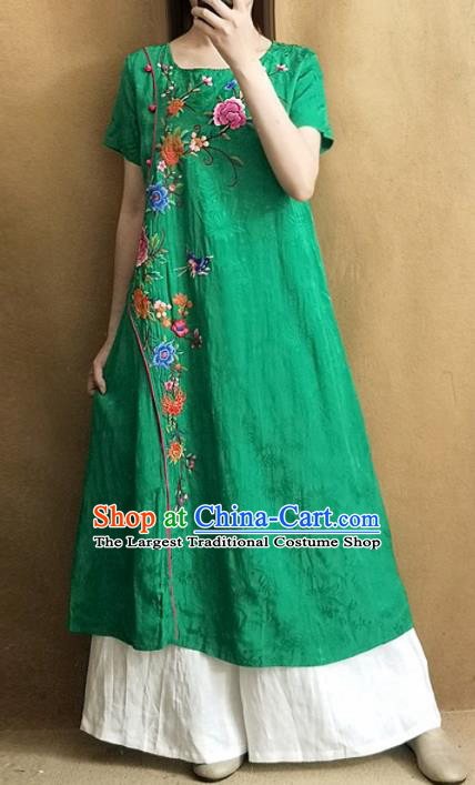 Traditional Chinese National Costume Tang Suit Embroidered Peony Green Qipao Dress for Women