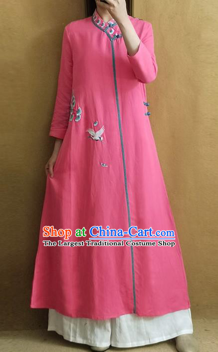 Traditional Chinese Embroidered Crane Pink Qipao Dress Tang Suit Cheongsam National Costume for Women