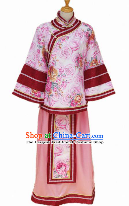 Traditional Chinese Republican Period Young Mistress Printing Roses Dress Ancient Landlord Shiva Costume for Women
