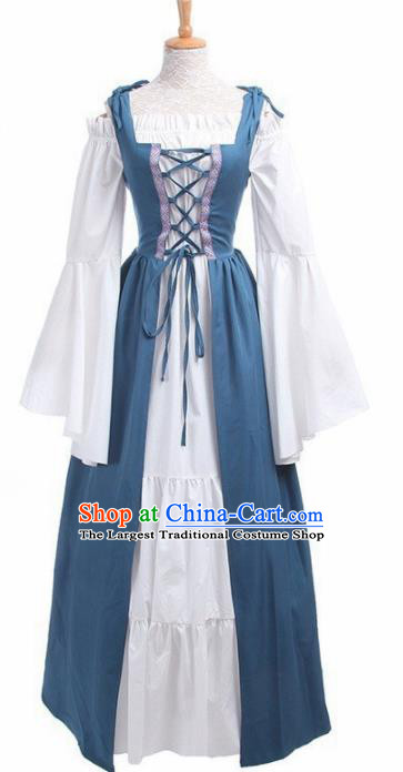 Europe Medieval Traditional Costume European Court Lady Blue Dress for Women