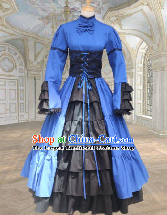 Europe Medieval Traditional Court Costume European Maidservant Blue Full Dress for Women