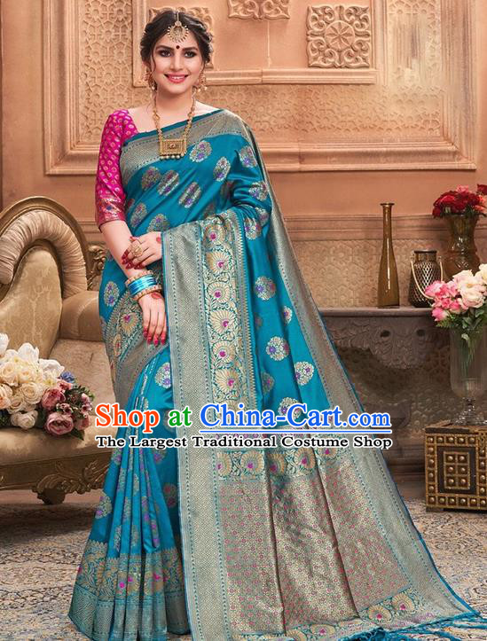 Indian Traditional Costume Asian India Blue Sari Dress Bollywood Court Queen Clothing for Women