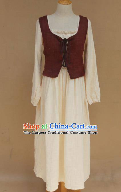 Europe Medieval Traditional Farmwife Costume European Maidservant White Dress for Women
