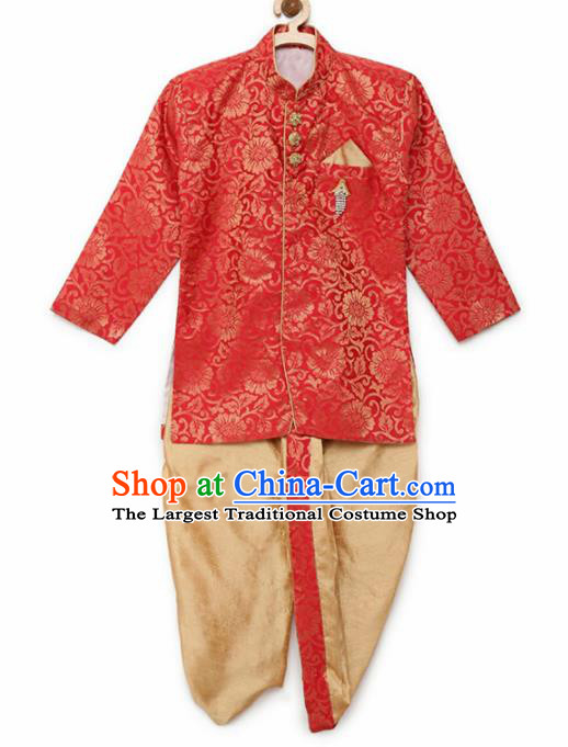 Asian India Traditional Costumes South Asia Indian National Red Shirt and Golden Pants for Kids