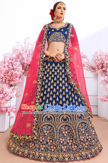 Asian India Traditional Bollywood Royalblue Sari Dress Indian Court Wedding Bride Costume for Women