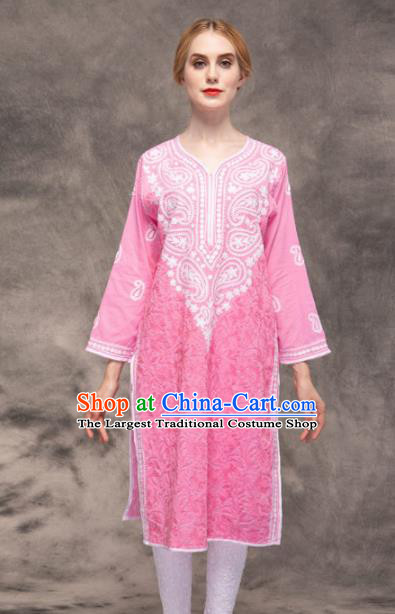 South Asian India Traditional Yoga Costumes Asia Indian National Punjabi Pink Blouse and Pants for Women