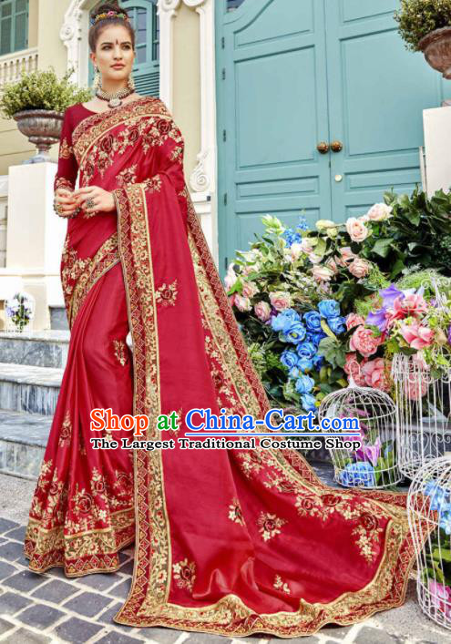 India Traditional Bollywood Rosy Sari Dress Asian Indian Court Wedding Bride Costume for Women