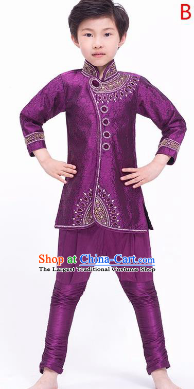 South Asian India Traditional Costume Shirt and Pants Asia Indian National Purple Suit for Kids